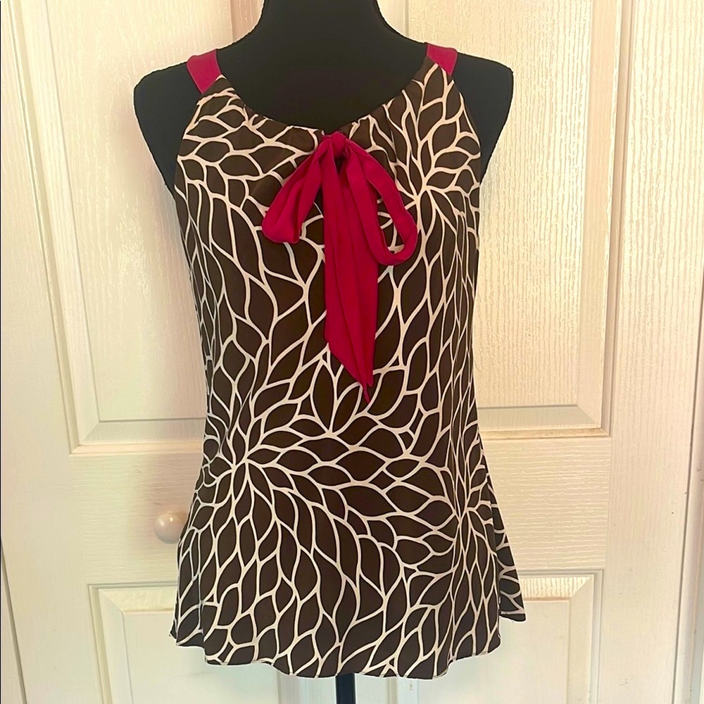 W sz 8 Ann Taylor Brown and White Silk Top with Pink Tie and Straps